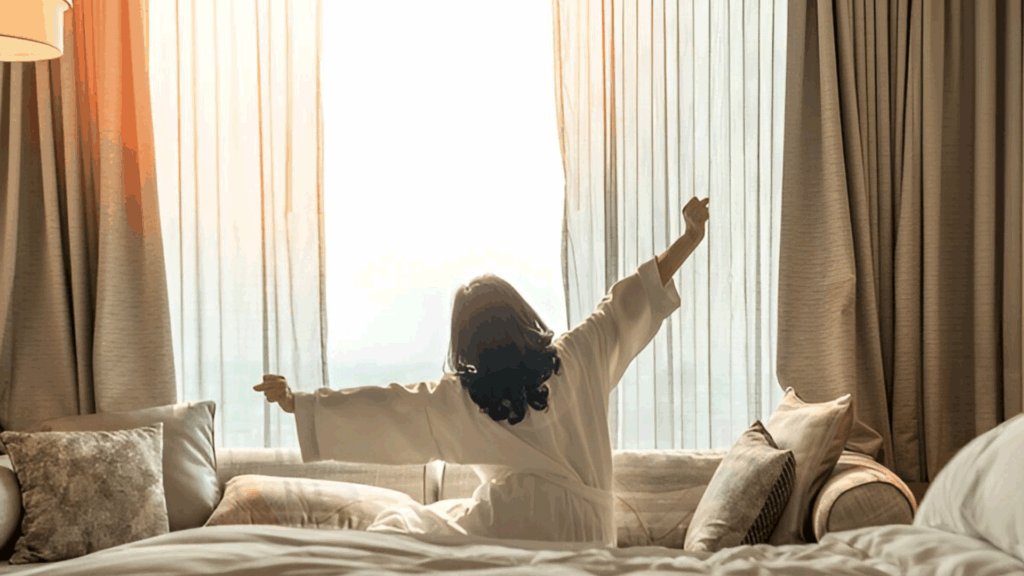 Seorang Wanita Bangun dari Tidur di Kamar Hotel