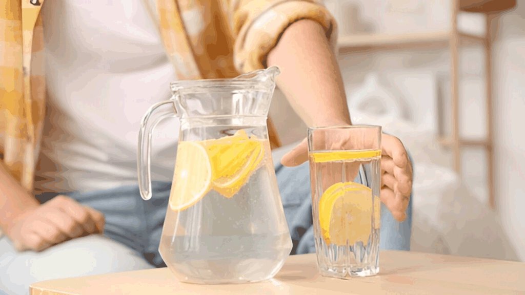 Pria Muda Mengambil Segelas Infused Water Lemon Dari Meja di Rumah